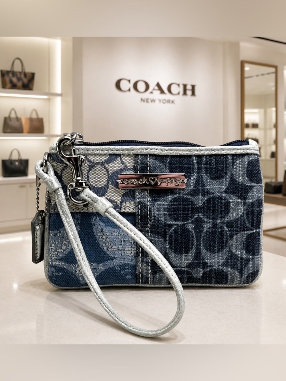 Coach Poppy Denim Blue Patchwork Wristlet Y2K EUC